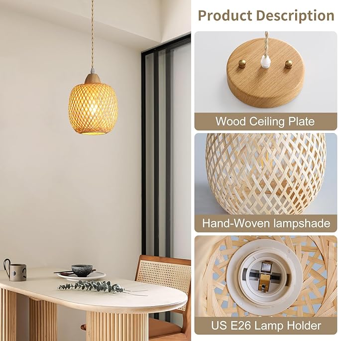 Bamboo Pendant Light Fixture, 2-Light Handmade Woven Pendant Lighting, with Adjustable Rustic Basket, for Kitchen Island Farmhouse Dining Room Living Room, ETL Listed