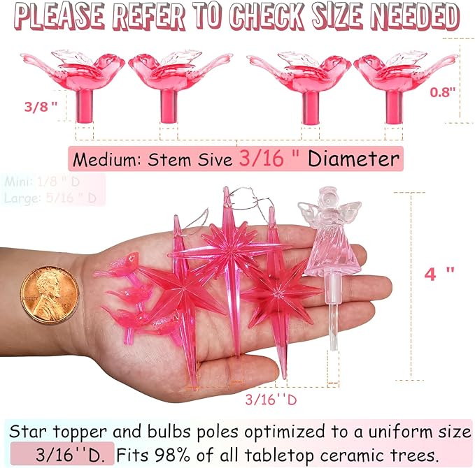 117Pcs Ceramic Christmas Tree Pink Love Bird Replacement Lights Bulbs and 1 Angel/3Stars Topper Ornament for Ceramic Tree Décor - Medium Plastic Pegs.