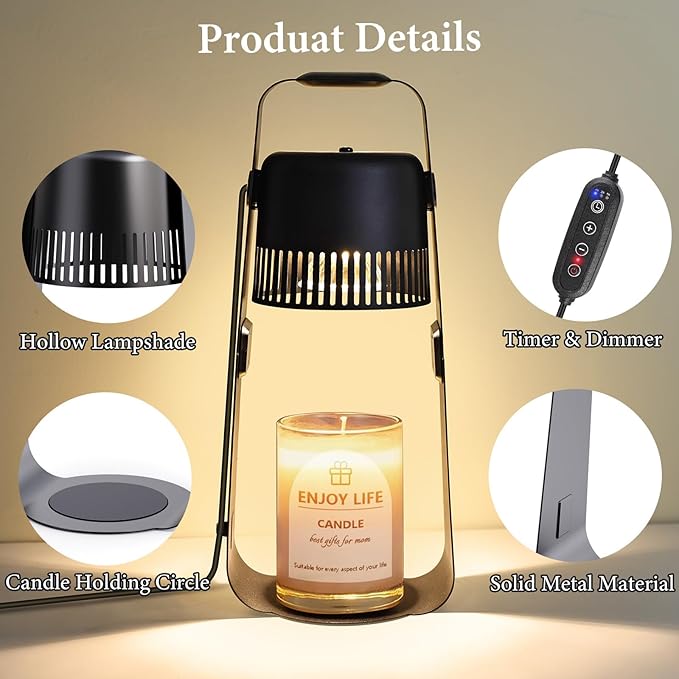 Candle Warmer Lamp with Timer Dimmable: Electric Wax Melter Light for Yankee Candles - Birthday Christmas Gifts for Women Mom, House Warming Gifts New Home Decor Black Metal