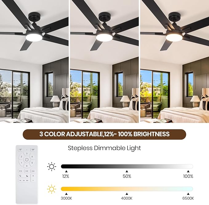 Ceiling Fans with Lights, 52 inch Black Ceiling Fan with Light and Remote Control, Reversible, 3CCT, Dimmable, Noiseless, Small Ceiling Fan for Bedroom, Indoor/Outdoor Use