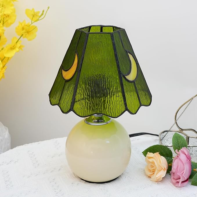 Mushroom Lamp Tiffany Lamp Stained Glass Table Lamp Moon Cute Small Bedside Lamps for Living Room Home Decor,Unique Aesthetic Home Living Room Decor Girls Women Birthday Day Gift,Green