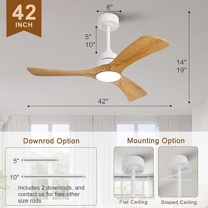 42 inch Ceiling Fan with Light and Remote Control,Wall Switch,Solid Wood Blades,Dimmable,Reversible Quiet DC Motor,Power Off Memory Modern White Ceiling Fan for Bedroom Patio Indoor/Outdoor Use