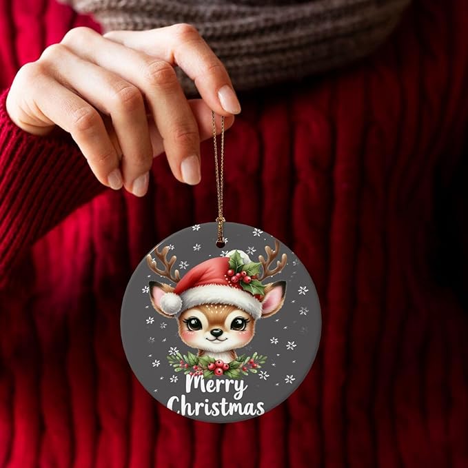 Christmas Happy Deer Christmas Ornaments, Christmas Decorations Xmas Tree Hanging Ornaments, Round Ceramic Festive Keepsake Gift for Xmas Decorations Holiday Home Decor
