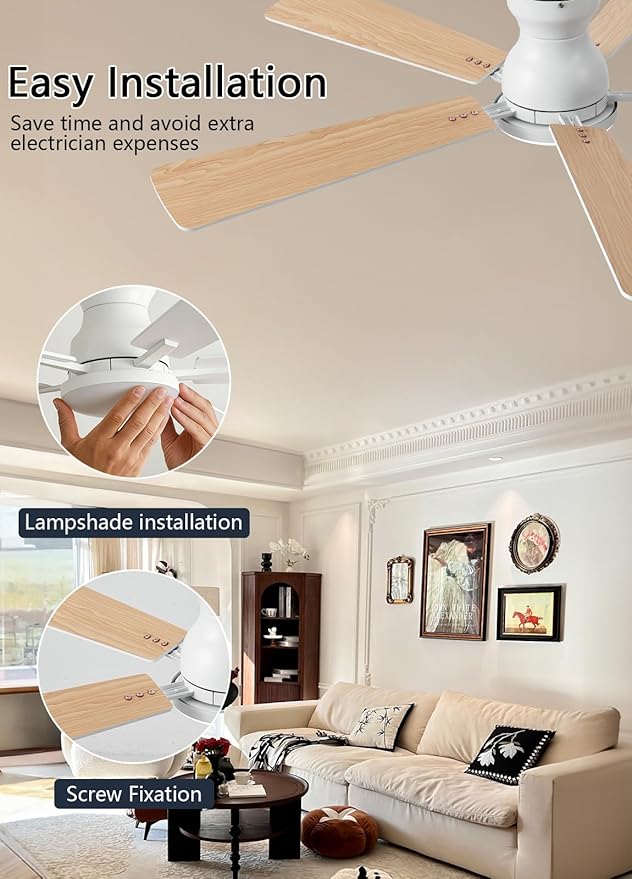 Ceiling Fans with Lights, 52Inch Low Profile Ceiling Fan with Light and Remote/App Control, Modern Flush Mount White Ceiling Fan, 3CCT Dimmable, Reversible DC Motor, for Living Room,Bedroom