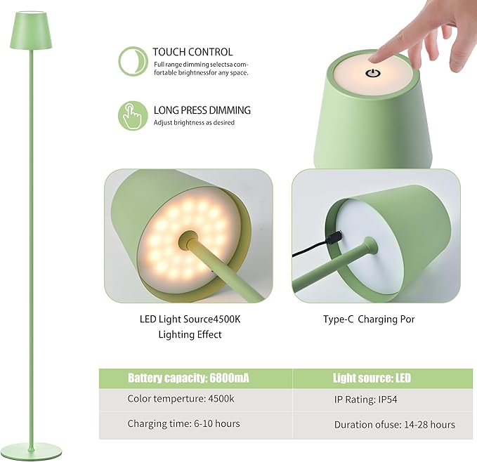 2Pack Cordless Floor Lamp for Outdoor/Indoor, Built-in 6800 mAh Battery LED Battery Operated lamp Rechargeable, with Touch Control Floor lamp，Adjustable Height Floor Lamp for Patio(Green)