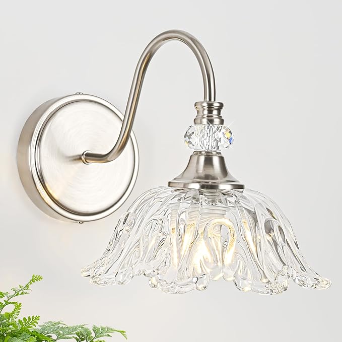 1 Piece Brushed Nickel Wall Sconce with Floral Clear Glass Shade, Brushed Nickel Finish Wall Mount Lighting for Bathroom, Modern Bathroom Vanity Light Fixture