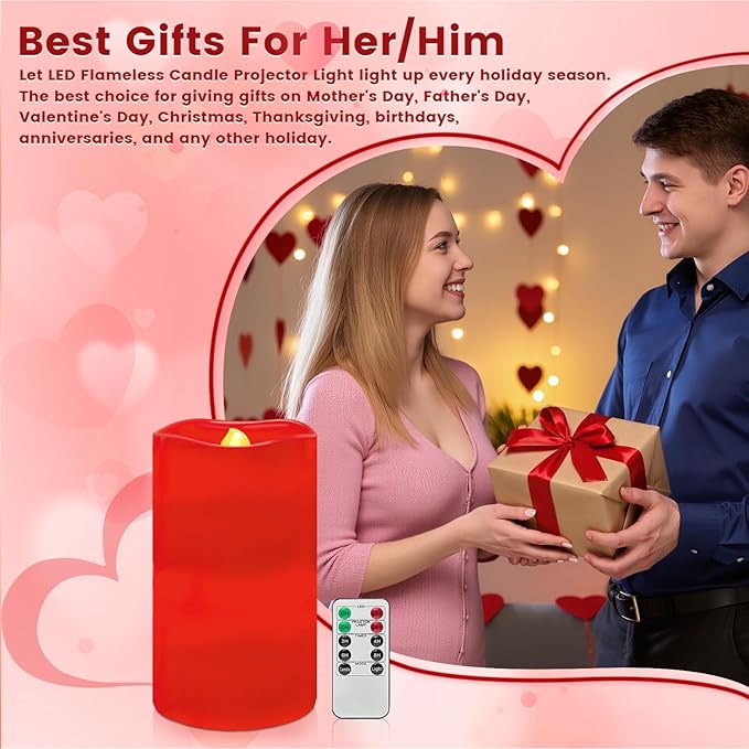 Flameless Candle Heart Projector Light,Valentines Day Decorations Candles Lamp with Romantic Red Heart Projector Lights, LED Candle with Remote and Timer for Girl Women Mom (Red - Heart)