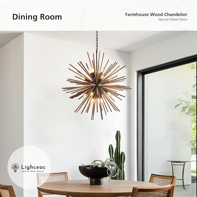31.3" Farmhouse Sputnik Chandelier for Dining Room Rustic Handmade Natural Wood 16-Light Hanging Ceiling Pendant Light Fixture Starburst Wood Chandeliers for Kitchen Bedroom Foyer Hallway