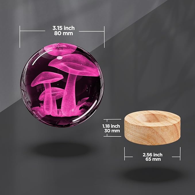 Mushroom Crystal Ball Night Light - 3.15 inch Glass Ball Lamp with 16 Color Changing Wooden Base and Remote - Ideal Gifts for Friends, Kids, Christmas, Birthday - Cute Mushroom Decor