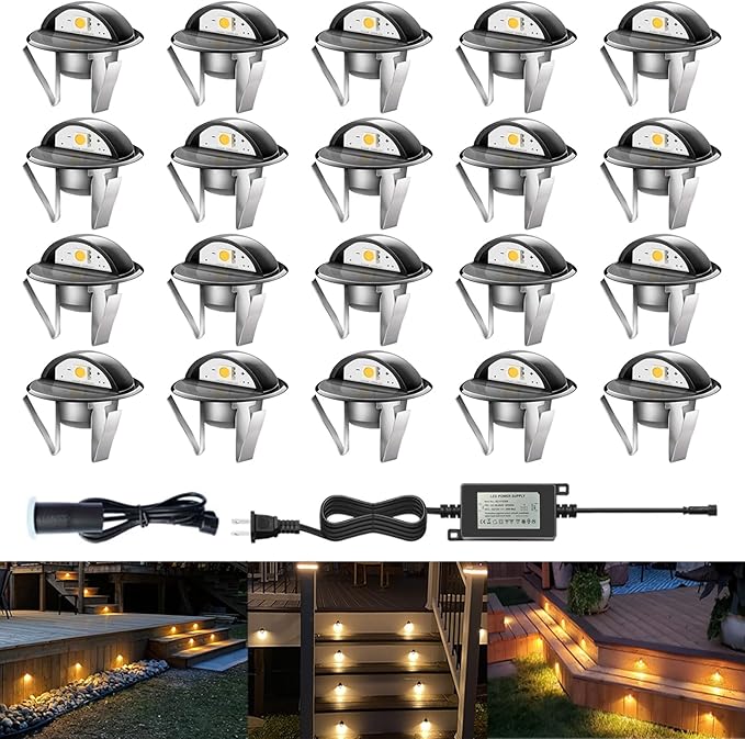 LED Outdoor Deck Lights with Photocell, Φ1.38in Warm White 20 Pack Black, Low Voltage 12 Volt DC IP65 Waterproof, Electric Wired Recessed Stair Step Riser Mini Under Landscape Lighting for Yard
