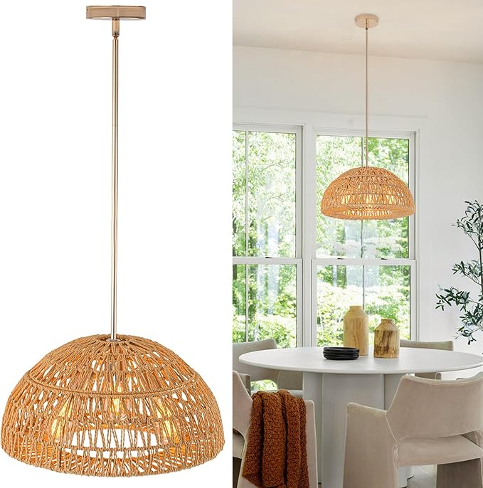 Rattan Boho Chandelier Dinning Light Fixture,17.7'' Rattan Pendant Light,Boho Hand Woven Chandelier Hanging Light Wicker Chandeliers for Kitchen Island Light Living Room Bedroom Farmhouse Nursery
