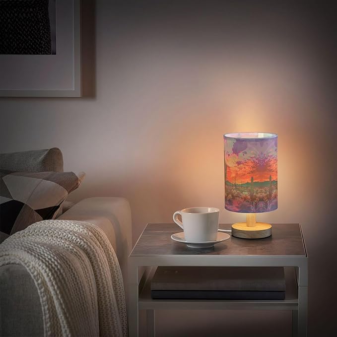 Table Lamp Pretty Cactus Desert Sunset Nightstand Lamp with Wood Base Fabric Lamp Shade Bedside Desk Lamp for Living Room Bedroom Kids Room Office