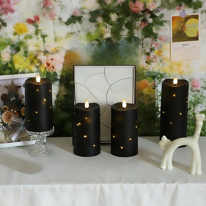 Lezonic Black Flameless Waterproof Outdoor Candles with Remote, 4Pcs Battery Operated Candles LED Flickering Dancing Flame, Built-in String Lights for Halloween Patio Room Decor, 3.25" x 6"