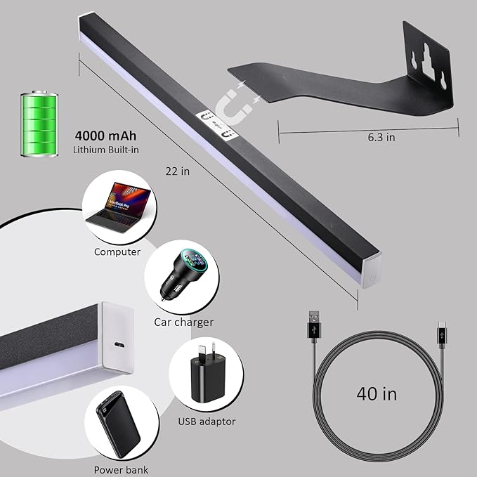 MIOBLUE Rechargeable Picture Light, 22 Inch Painting Light Art Light with Remote, Cordless Display Lamp Full Metal with 60LEDs,3 Modes,Dimmable Timmer Accent for Dartboard Picture Gallery Frame