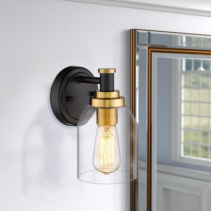 zeyu 2 Pack Modern Vanity Wall Sconces, Indoor Wall Lights for Bathroom Hallway Bedroom with Clear Glass Shade, Black and Gold Finish, ZG33B-2 BK+BG