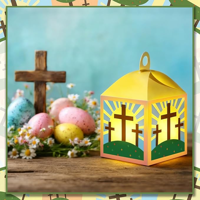 24 Sets Easter Crafts with LED Candle Light He is Risen Tissue Paper Resurrection Craft DIY VBS Christ Suncatchers Lanterns Hanging for Fun Home Activities Sunday School Christian Decoration