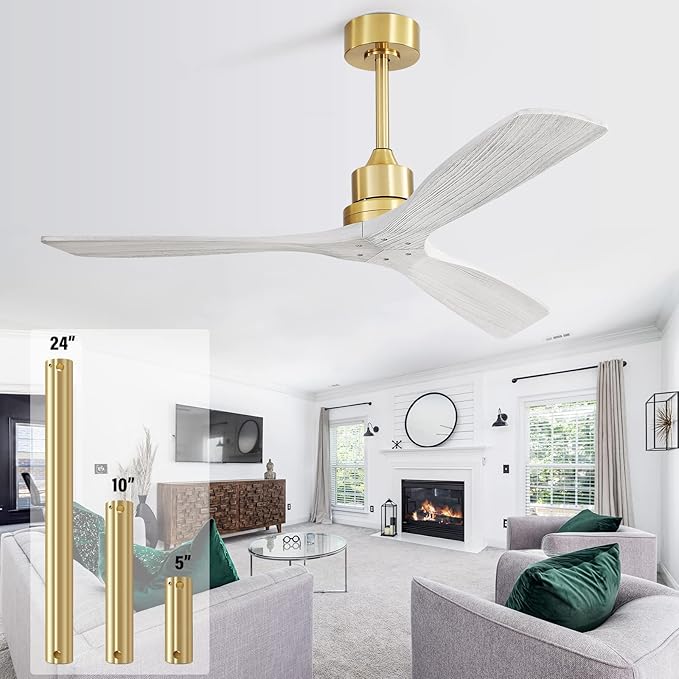 52" Ceiling Fans No Lights with Remote, 3 Solid-Wood Blade,Noiseless Reversible DC Motor for Patios Indoor Outdoor Living room Farmhouse, Golden Body