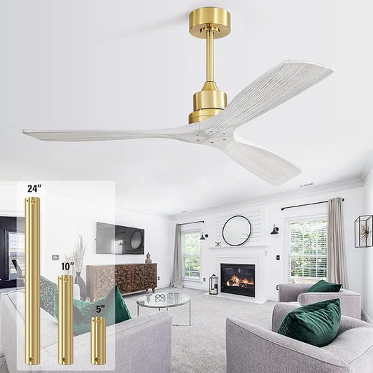 52" Ceiling Fans No Lights with Remote, 3 Solid-Wood Blade,Noiseless Reversible DC Motor for Patios Indoor Outdoor Living room Farmhouse, Golden Body
