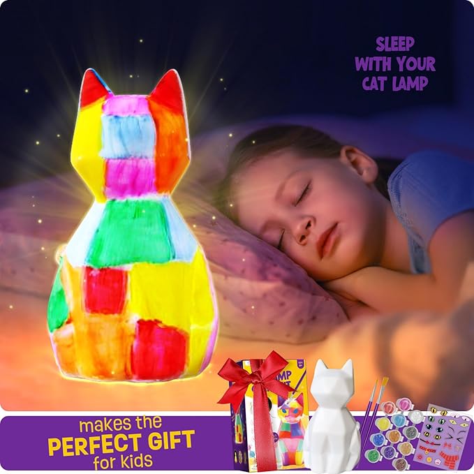 Paint Your Own Cat Lamp Kit, Arts and Crafts for Kids Ages 8-12, Art Supplies Painting kit for Kids 6-12, Cat Night Light Toys Girls Boy Birthday Easter Gifts for Kids Ages 3 4 5 6 7 8 9 10 11 12+