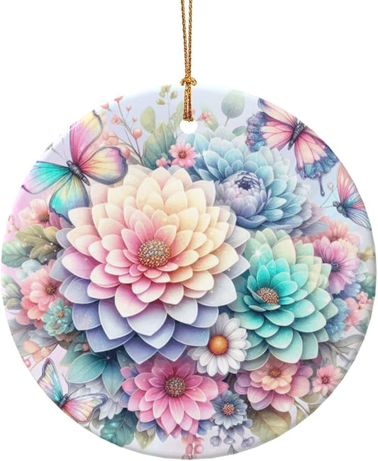 Rainbow Flower Christmas Ornaments, Christmas Decorations Xmas Tree Hanging Ornaments, Round Ceramic Festive Keepsake Gift for Xmas Decorations Holiday Home Decor