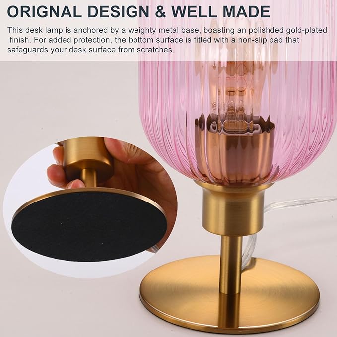Mid Century Glass Table Lamp,Dimmable Desk Lamp,LED Bulb Included,Timer Build-in,Pink Ribbed Glass