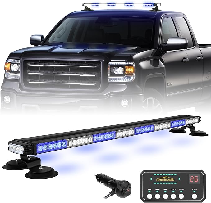 XRIDONSEN 37" 104 LED Roof Top Blue White Emergency Magnetic Police Firefighter Traffic Advisor Strobe Light Bar Warning Flashing Safety Lights w/Controller for Vehicles POV Trucks