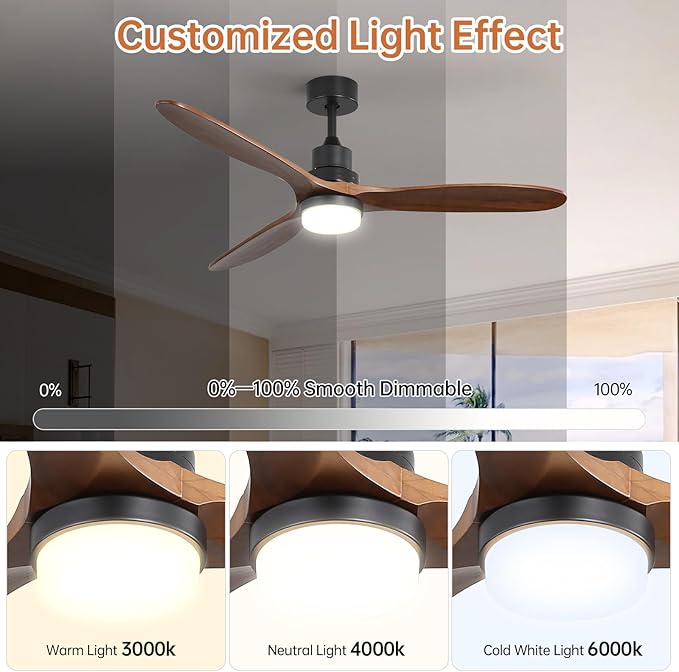 Sofucor 60 Inch Ceiling Fan with Lights Remote Control Walnut Blades Dimmable Light Reversible DC Motor Modern Wood Ceiling Fans for Kitchen, Bedroom, Basement, Dining, Living Room Matte Black