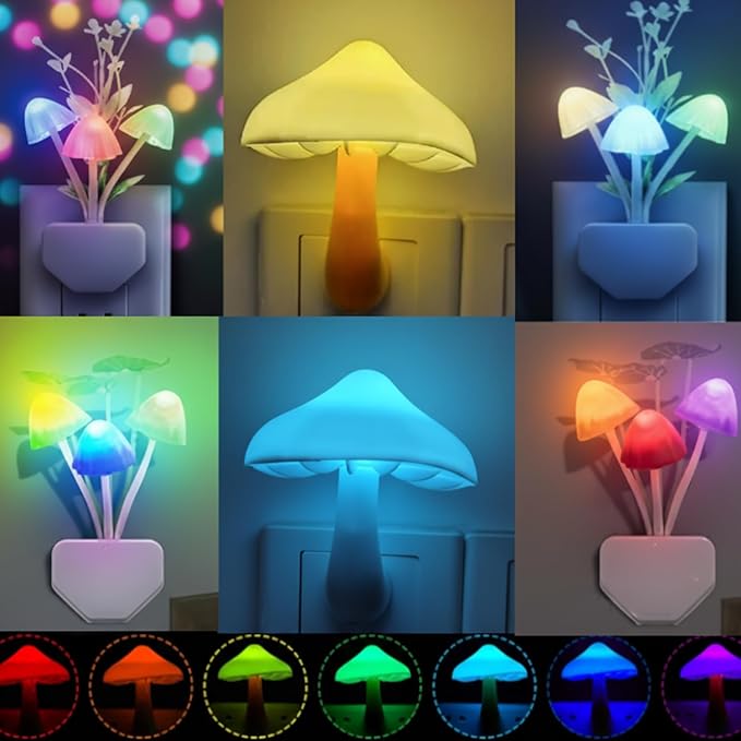 Mudder 6 Pack Mushroom Night Light LED Night Light Plug in Lamp 7 Color Changing Magic Cute Shaped Lamp Wall Decor for Adults Bathroom Home(Water Plants, Lotus Leaves, Mushroom)