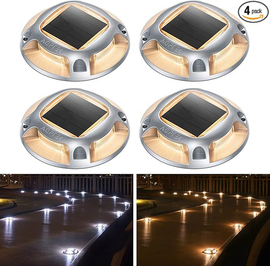 AGPTEK Solar Driveway Lights Outdoor 4 Pack, 2 Color Modes LED Deck Dock Marine Waterproof Driveway Marker Lights for Step Sidewalk Stair Garden Pathway Walkway Yard (Warm White/Cool White)