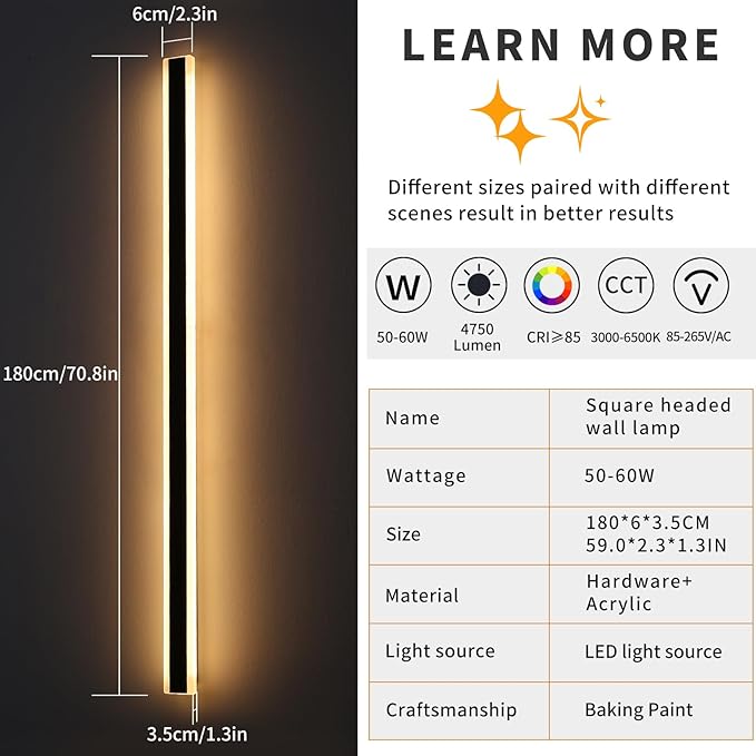 Mikeru 2pack 71inch Outdoor Wall Light Fixtures, 10%-100% Dimmable Outdoor Wall Lights Exterior Front Porch Light 3000-6000k Wall Mounted Led Lighting for Basement, Shop,Garage Lighting
