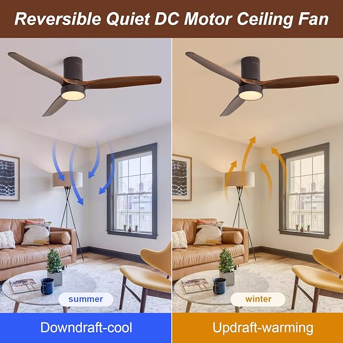 52 Inch Flush Mount Wood Ceiling Fans with Lights Remote Control, Dimmable LED Noiseless Reversible DC Motor,Solid Wood 3 Blade Brown Body