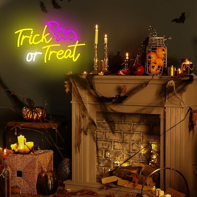 Trick or Treat Neon Sign,Halloween Neon Light,Halloween Bat LED Light for Wall Decor, Dimmable Halloween Party Decorations Light Up Sign for Home Bedroom Bar Garden Porch Coffee Store