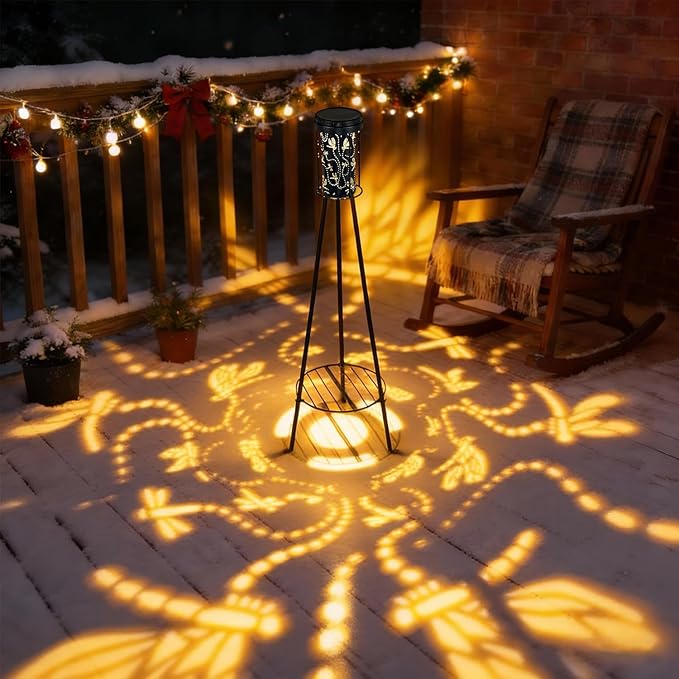 RGB Dragonfly Projection Solar Floor Lamps Outdoor, Metal Floor Light with Plant Stand,42.48" Decorative Waterproof Lighting for Garden,Patio,Porch,Yard,Deck,Black,2 Pack
