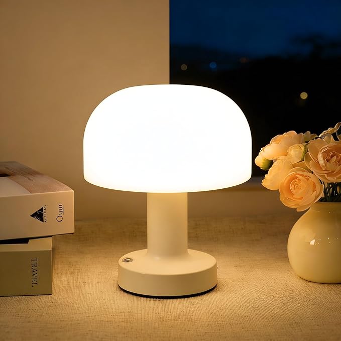 Small Mushroom Table Lamp, Cordless Night Light with 2600mAh Rechargeable Battery, Stepless Dimming Desk Lamp with 3 Colors for Bedroom/Patio/Living Room (White-1)