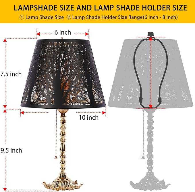 Etched Small Forest Metal Lampshade Top 6‘’ Bottom 10‘’ Height 7.5" Barrel Shade Lampshade Fits Most Table Lamp and Floor Lamp Spider, Outer Black and inner Gold