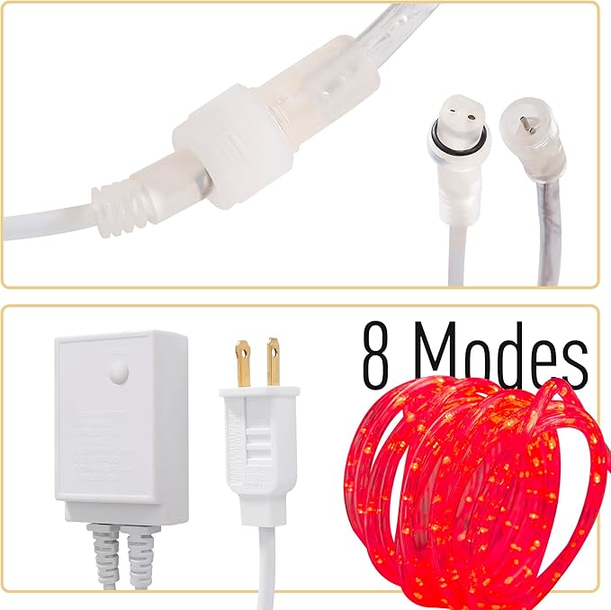 Waterproof LED Rope Lights, Connectable & Flexible with 8 Modes, Outdoor Lighting for Deck, Garden, Pool, Patio & Christmas Decor (Red, 50ft)