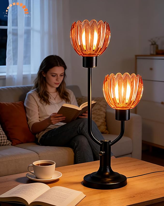 Lightdot Mid Century Modern Glass Table Lamp Black Dimmable U-Shaped Desk Lamps with Deep Red Lotus Glass Shade& 2Pcs 3000K Warmwhite Bulbs Included Bedside Nightstand Lamp for Living Room Bedroom