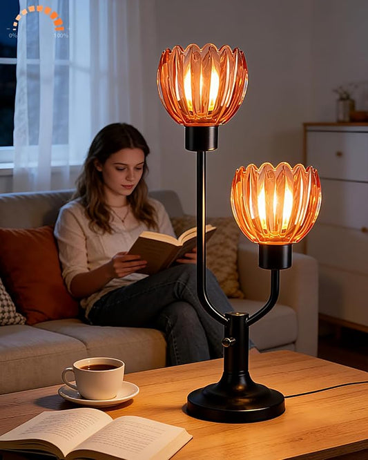 Lightdot Mid Century Modern Glass Table Lamp Black Dimmable U-Shaped Desk Lamps with Deep Red Lotus Glass Shade& 2Pcs 3000K Warmwhite Bulbs Included Bedside Nightstand Lamp for Living Room Bedroom
