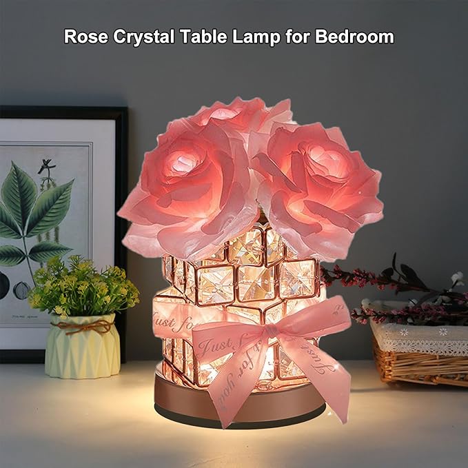 Crystal Table Lamp, Rechargeable Cordless Rose Light 3 Colors Dimmable Flower Lamp, Romantic LED Rose Diamond Lamp for Bedroom Living Pink Room Decor, Valentine Birthday Gift for Her