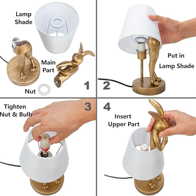 YHT Bunny Table Lamp, Cute Animal Rabbit Lamp,Bunny Lamps,15.7" Vintage LED Desk Light with Linen Lampshade,Gold Main Part Beside Lamp for Bedroom, Study Room, Office, Nursery, Home Decor (White)