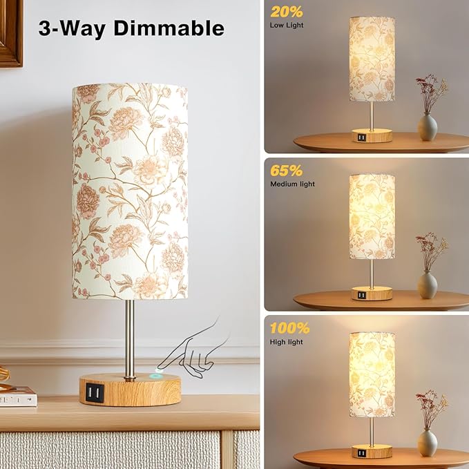 Bedside Touch Lamp with Flower Fabric Shade, 3 Way Dimmable Wood Bedroom Lamp for Nightstand with 2 USB Charging Ports, Small Table Lamp for Living Room Reading Desk (LED Bulb Included)