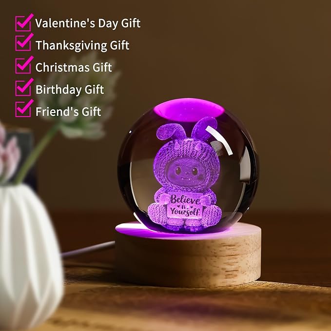 3D Easter Bunny Crystal Ball Night Light-Cute Bunny Gift, 2.4Inch Laser Engraved Glass Sphere with USB LED Base, Crystal Night Lamp for Bedroom Desk