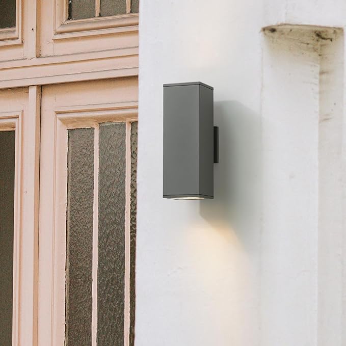mirrea 14" Modern Outdoor Porch Light Patio Light in 2 Lights with Aluminum Rectangular Tube and Tempered Glass Cover Waterproof Wall Sconce 2 Pack (Matte Gray)