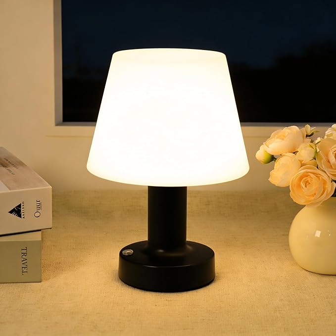 Small Mushroom Table Lamp, Cordless Night Light with 2600mAh Rechargeable Battery, Stepless Dimming Desk Lamp with 3 Colors for Bedroom/Patio/Living Room (Black-2)