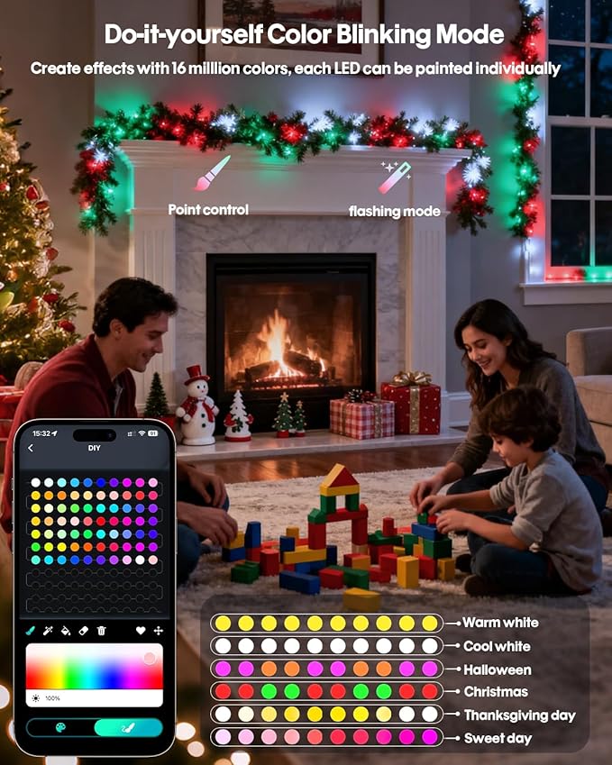 Smart Fairy Lights 98.4Ft 300LEDs, Color Changing led String Lights with Remote & APP Control, DIY RGB-IC Dynamic Multicolor Twinkle Lights for Indoor Christmas Room Bedroom Party Decor