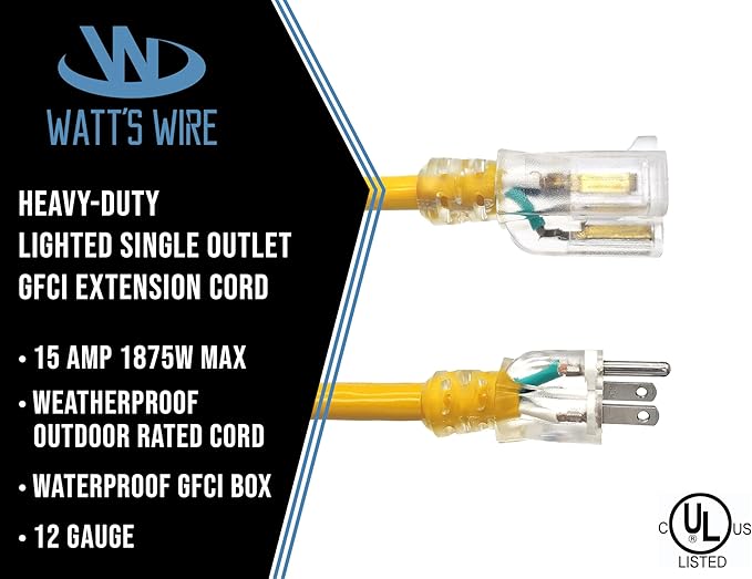 6 ft GFCI Extension Cord - Outdoor Extension Cord Waterproof - Heavy Duty Outdoor Extension Cords 6 ft - Watts Wire - 6' Grounded - GFI Cord