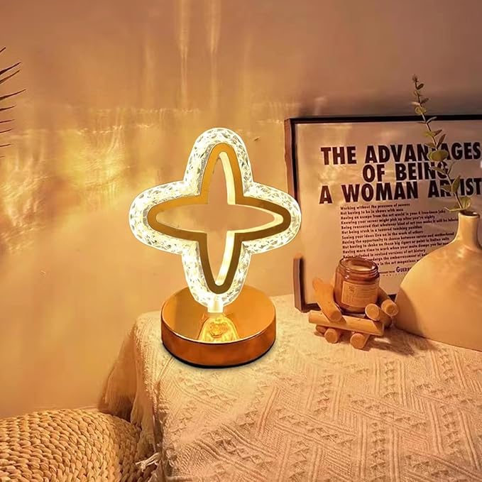 Crystal Table Lamp, Touch Control Nightstand Light with 3Color Temperature, USB Rechargeable Bedside Light for Bedroom Living Room Desktop Bar Cafe Office Indoor Decoration(Four Leaf Clover)