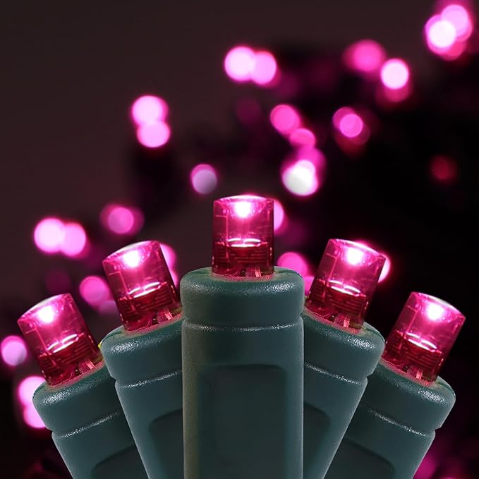 100 LED 5MM Pink Christmas Lights, 33FT Indoor/Outdoor String Light, Mini Lights for Garden, Patio, Christmas Trees - Green Wire, Commercial Grade, UL Listed