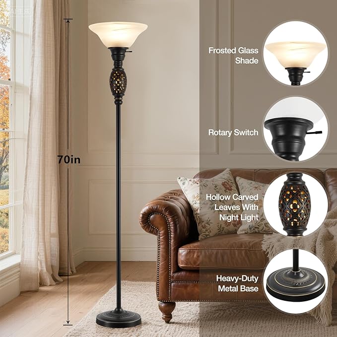 Vintage Floor Lamp with Nightlight, 70" Rustic Standing Lamp with Glass Shade, Victorian Style Tall Lamp Decor for Living Room Bedroom Study Home Office Corner (Bulb Included)