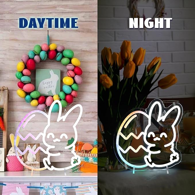 Easter Neon Lights, Bunny and Egg lights, Multicolor Lights with Dynamic Effect Neon Sign, Remote Control Sign USB Powered, Home Decorations Indoor for Party Wall Window Table Easter Decor